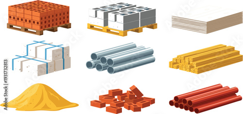 Isometric Construction Materials Set with Bricks, Concrete Blocks, Steel Pipes, Lumber and Sand Vector Illustration Collection