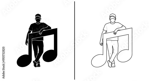 A relaxed man leaning casually against a large, prominent musical eighth note symbol.