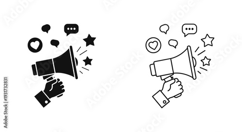 A hand holding a megaphone, actively broadcasting with various social media engagement icons floating around.