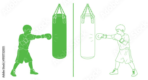 Boy boxing a punching bag, showing dedication and training in a simple graphic style.