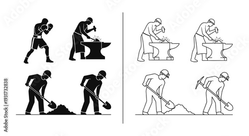 A diverse set of workers engaged in different labor-intensive professions including boxing, smithing, and digging.