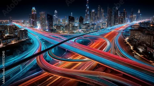 Dynamic Metropolitan Nexus: A Mesmerizing Symphony of Radiant Trails Illuminating a Contemporary Urban Landscape