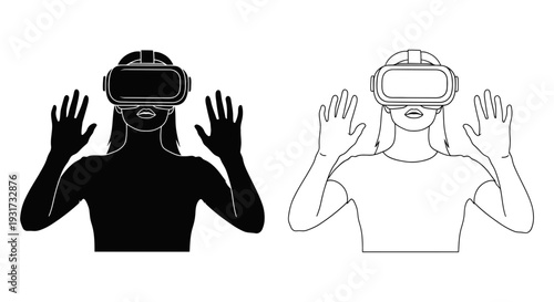 A woman wears a virtual reality headset with hands raised, immersing herself in a digital experience.