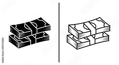 Two neat stacks of paper money bundled together, symbolizing wealth, finance, and economic growth.