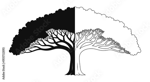 A striking tree design, half solid black and half outline, symbolizing balance, contrast, and duality.