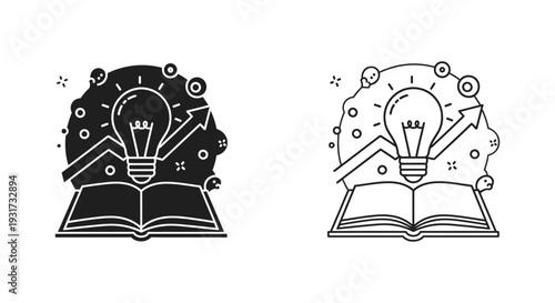 An open book with a glowing lightbulb and upward trending arrows, representing education, ideas, and growth.