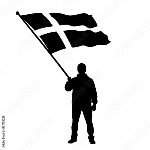 Silhouette of a person proudly waving a Nordic flag during outdoor celebration and cultural display.