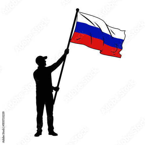 Silhouette of a person raising the Russian tricolor flag in a patriotic outdoor scene.