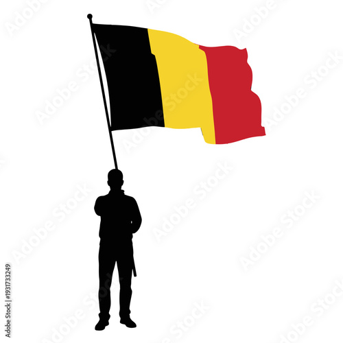 Silhouette of a Person Standing with the Belgian Flag in a White Backdrop.