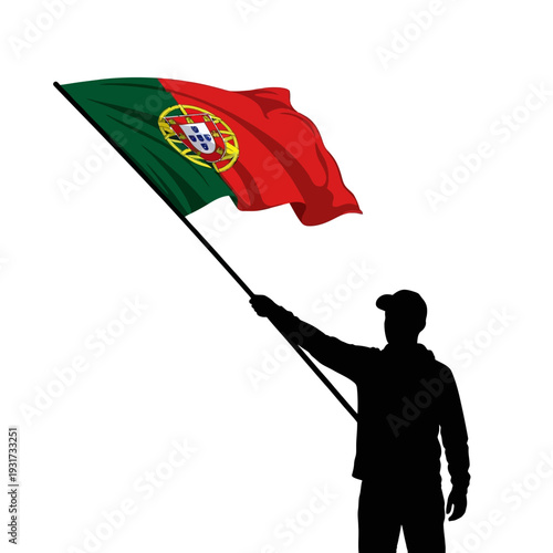 Silhouette of a Person Holding a Portugal Flag in a Dramatic Gesture During Outdoor Celebration.