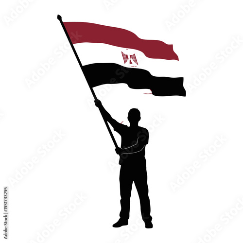 Silhouette of a Person Raising the Egyptian Flag with Flagpole.