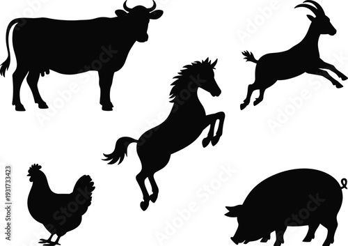 Farm animal silhouette set cow horse goat pig and chicken black vector illustration isolated on white background