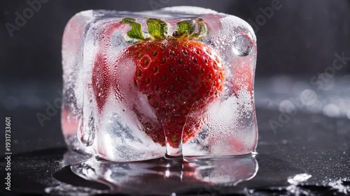 Strawberry in Ice Cube - A Refreshing and Cool Treat.