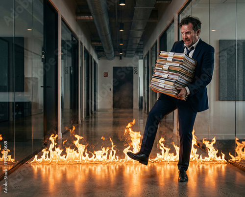 Employee crossing literal line of fire in office hallway - Deadline concept