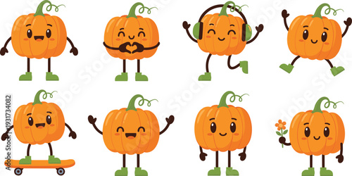 Cute Vector Autumn Characters with Headphones Skateboard and Heart Gesture for Kids and Seasonal Branding