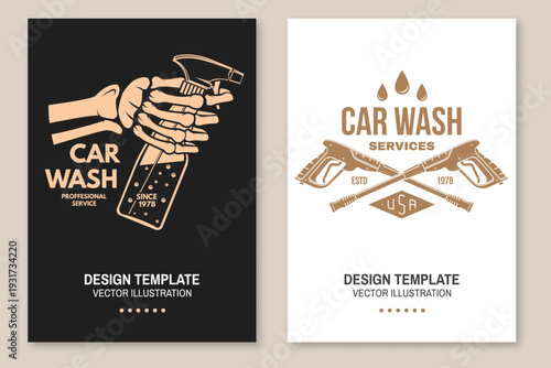 Professional car wash poster, banner and flyer template set. Vector auto cleaning and car service advertising design with washing equipment and vehicle care elements