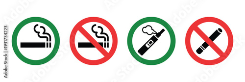 Smoking and Vaping Prohibition Signs Showing Cigarettes and Electronic Cigarettes with Red Cross, Indicating No Smoking and Vaping Allowed Areas, Safety Regulations, and Designated Zones in Vector Sty