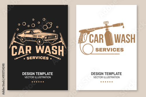 Professional car wash poster, banner and flyer template set. Vector auto cleaning and car service advertising design with washing equipment and vehicle care elements