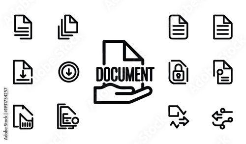 Document file line icon set for data management and digital content storage