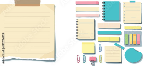 Office Stationery and Notepad Collection with Spiral Notebooks, Sticky Notes, Paper Clips and Tape, Realistic Workspace Vector Set