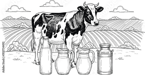 Detailed Vector Engraving of Cow and Milk Bottles with Rural Field Landscape for Organic Dairy Branding and Farm-to-Table Menus