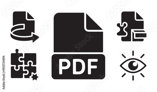 Document management icons for file formats and data analysis vector illustration silhouette