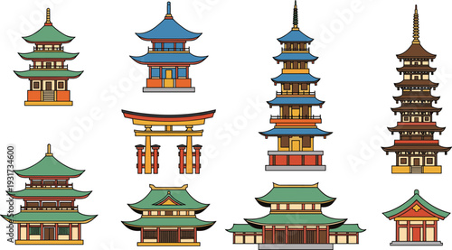 Detailed Colorful Vector Icons of Pagodas Torii Gate and Ancient Shrines for Travel and Cultural Branding