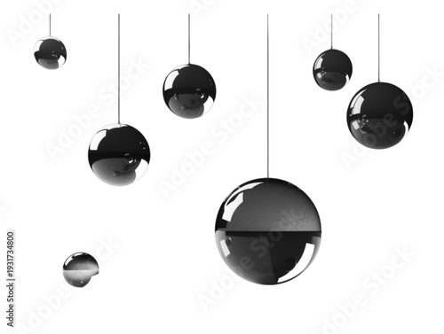 Abstract 3D rendering of floating chrome spheres, minimalist black and white background with reflective surface