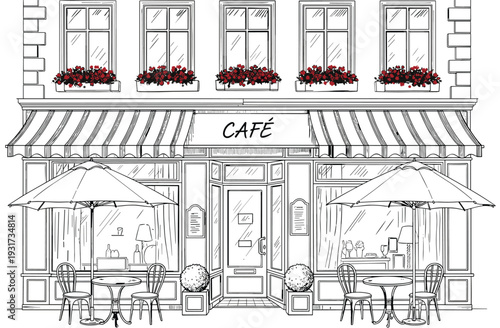 Detailed Vector Sketch of French Bistro with Outdoor Seating and Striped Awning for Travel and Lifestyle Branding