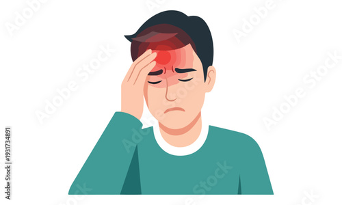 Headache: Man Holding Forehead with Red Pain Spot Illustration