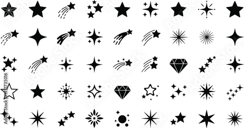Black Star and Sparkle Icons Set with Shooting Stars Twinkle Effects Diamond Shapes and Decorative Night Sky Symbols Vector Collection