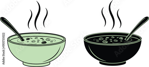 Hot steaming bowls of delicious homemade soup served in contrasting green and black bowls with spoons, showcasing cozy comfort food and culinary presentation photography.