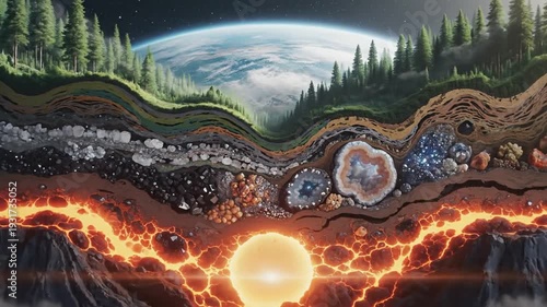 Layered cross section of earth beneath forest landscape revealing colorful strata and mineral textures
