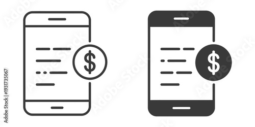 Smartphone Icons Set Featuring One Outline and One Solid Black Phone with Dollar Sign, Depicting Mobile Banking, Online Payments, and Financial Transactions in Clean Vector Illustration.