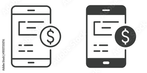 Smartphone Icons Set Featuring One Outline and One Solid Black Phone with Dollar Sign, Depicting Mobile Banking, Online Payments, and Financial Transactions in Clean Vector Illustration.