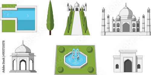 Vector illustration of Taj Mahal complex with Mughal architecture, domed pavilion, gateway, fountain, pool, symmetrical garden pathway, cultural heritage design