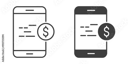 Smartphone Icons Set Featuring One Outline and One Solid Black Phone with Dollar Sign, Depicting Mobile Banking, Online Payments, and Financial Transactions in Clean Vector Illustration.