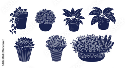 Elegant Potted House Plants Vector Silhouette Collection Botanical Garden Icons Set Isolated