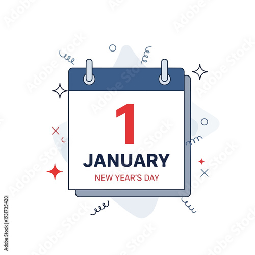 Festive illustration of a calendar marking January first as a fresh annual start