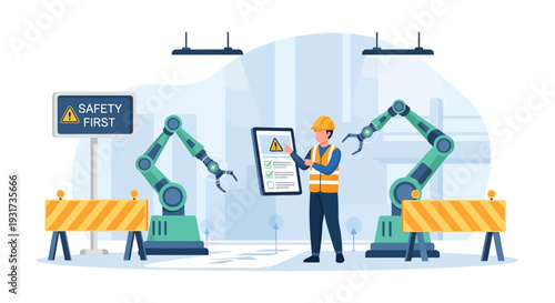 Factory Safety Protocol: Engineer with Digital Checklist Overseeing Robotic Automation