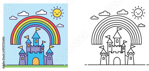 Cute fairy tale magic castle with rainbow and smiling sun. Colorful illustration and black outline coloring page vector design for kids.