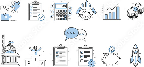 Business Finance and Success Thin Line Icons Set with Agreement Growth Rocket Savings Checklist and Investment Symbols Vector Collection