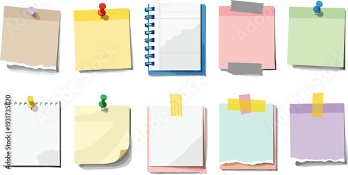 Sticky Notes and Notebook Pages Collection with Push Pins and Tape, Realistic Memo Paper Set for Office and School Design
