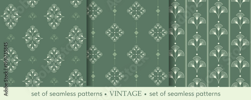 Vintage. Set of seamless patterns on a green background. Retro. Art Deco, Art Nouveau. Vector illustration. For paper, wallpaper, fabric, backgrounds.