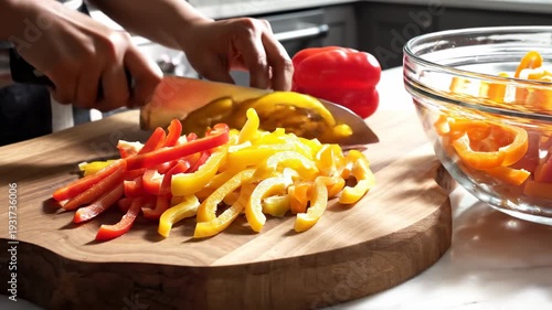 Chef Slicing Fresh Bell Peppers on a Wooden Cutting Board.