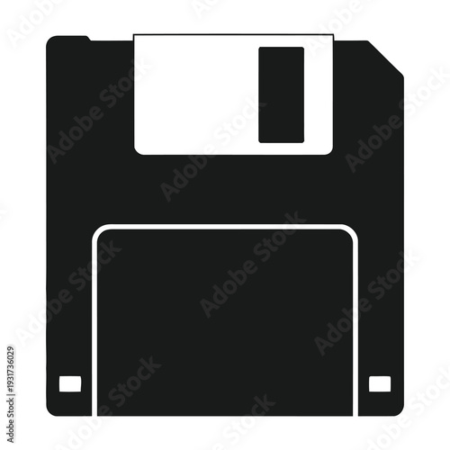 Black floppy disk with white label isolated on plain background for retro technology and vintage storage concept