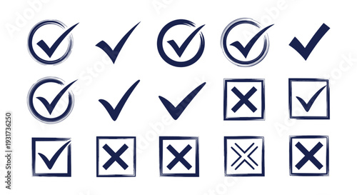Grunge Brush Stroke Checkmark Cross Icons Set Hand Drawn Vector Elements