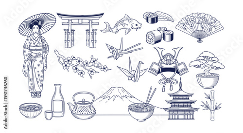 Traditional Japanese Culture Travel Symbols Collection Iconic Asian Line Art Vector Elements Set