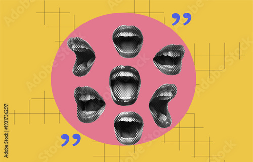 Different opened lips collage, vector illustration. Talking, singing mouths
