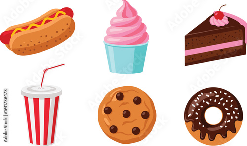 Fast food and dessert collection with hot dog cupcake chocolate cake and donut